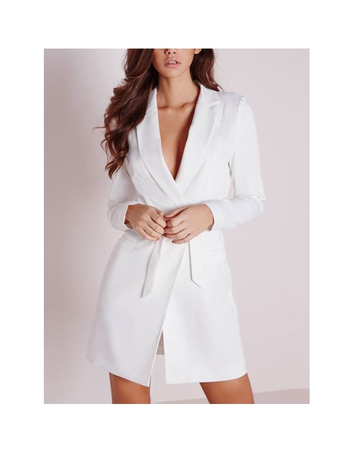 Bandage V-neck Bow Long Sleeves Blazer White Black Work Dress